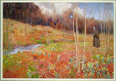 Un Paisaje en Primavera, con una Monja Caminando entre Narcisos de John George Sowerby